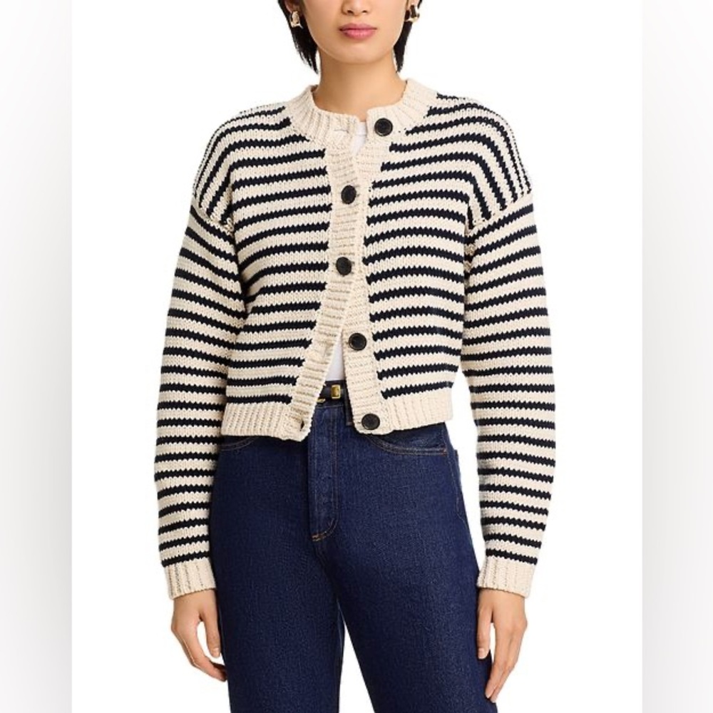 Frame Denim Cream and Black Striped Knit Cardigan
